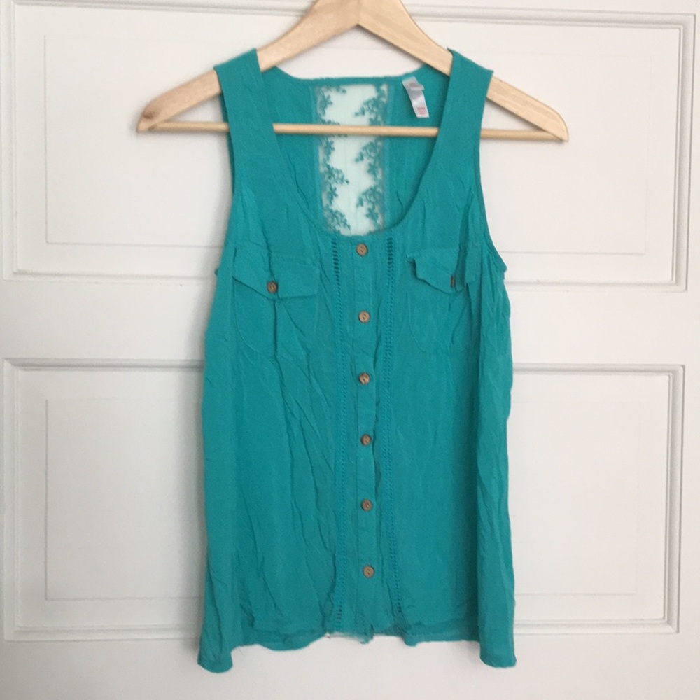 Teal button down pocket tank with lace back